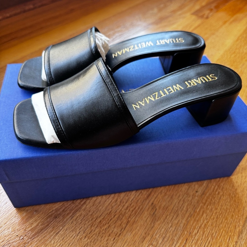 Stuart Weitzman Cayman 35 Block Slide Black Nappa Leather Size 7 NWT - Picture 3 of 14